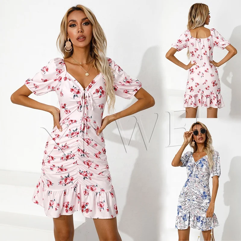 Hot sale summer women's new V-neck bandage dresss short sleeve drawstring fashion print slim dress
Hot sale summer women's new V-neck bandage dresss short sleeve drawstring fashion print slim dress