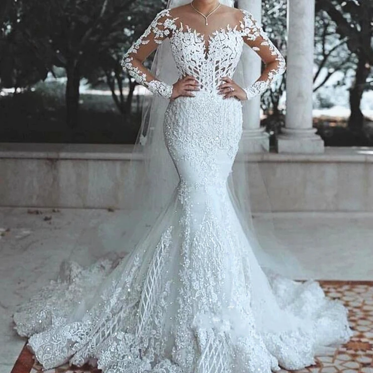 

FA250 Sparkly Lace Wedding Dress Mermaid Illusion Bodice vestido de noiva Long Sleeve Sheer Neck Appliques Bridal Gowns 2022, Default or custom