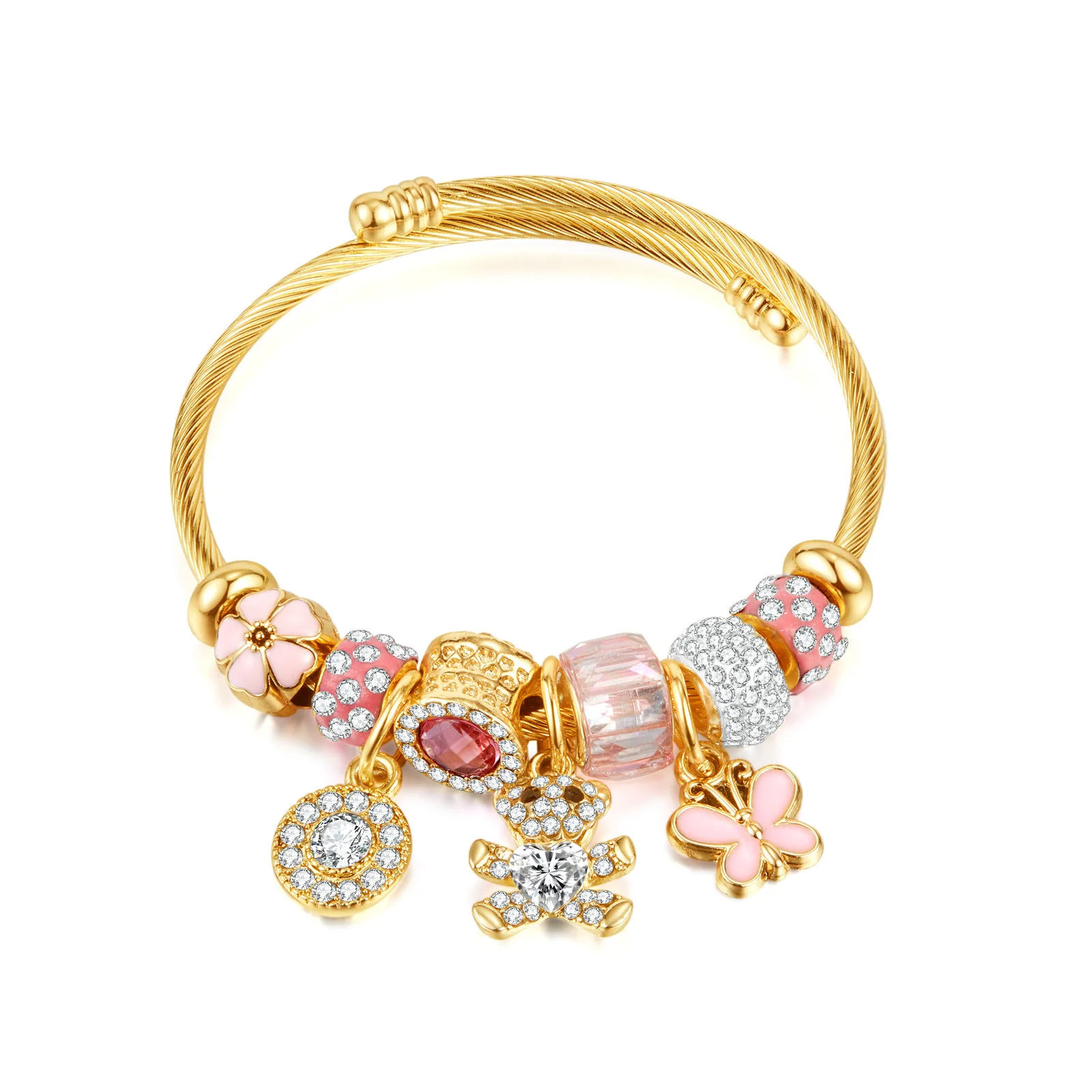 Gold Plated Stainless Steel Zircon Heart Love Little Bear Flower Butterfly Pendant Adjustable Open Charm Bangle Bracelet
Gold Plated Stainless Steel Zircon Heart Love Little Bear Flower Butterfly Pendant Adjustable Open Charm Bangle Bracelet