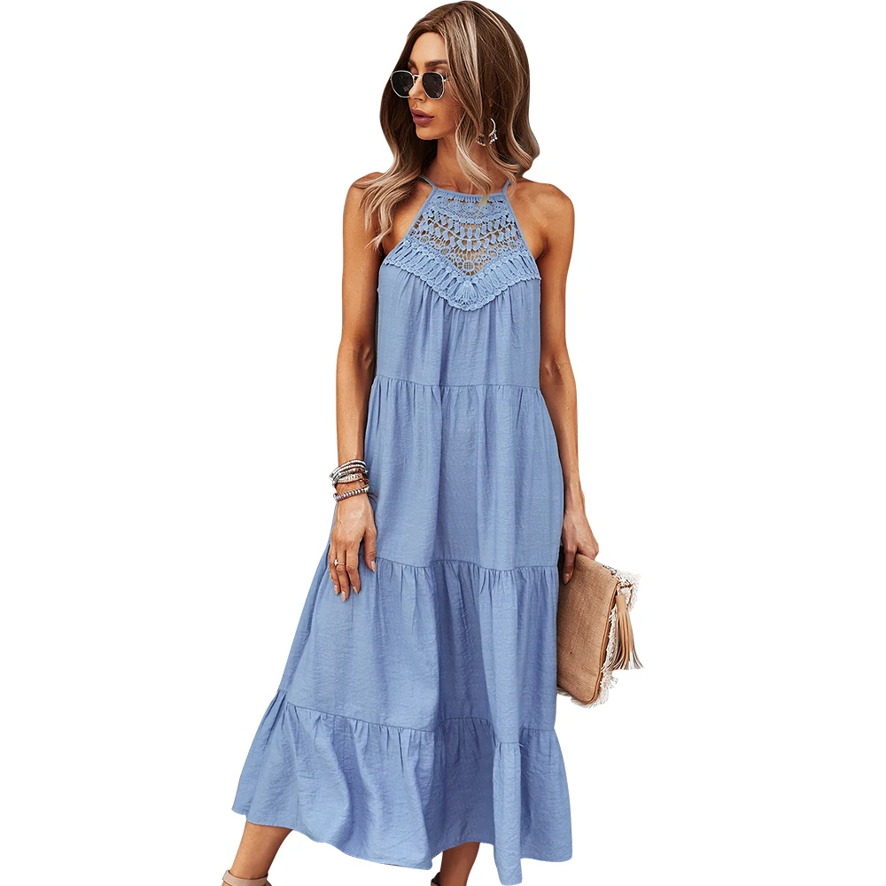 2021 Ladies Solid Color Stitching Halter Dress Casual Summer Spaghetti Strap Long Dress Lace Women Dresses
2021 Ladies Solid Color Stitching Halter Dress Casual Summer Spaghetti Strap Long Dress Lace Women Dresses
