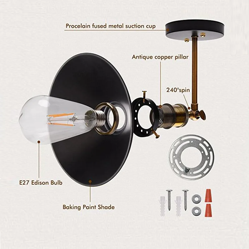 Tray Black Metal Saucer-Shaped Shade Industrial Bath Vanity Light Wall Light