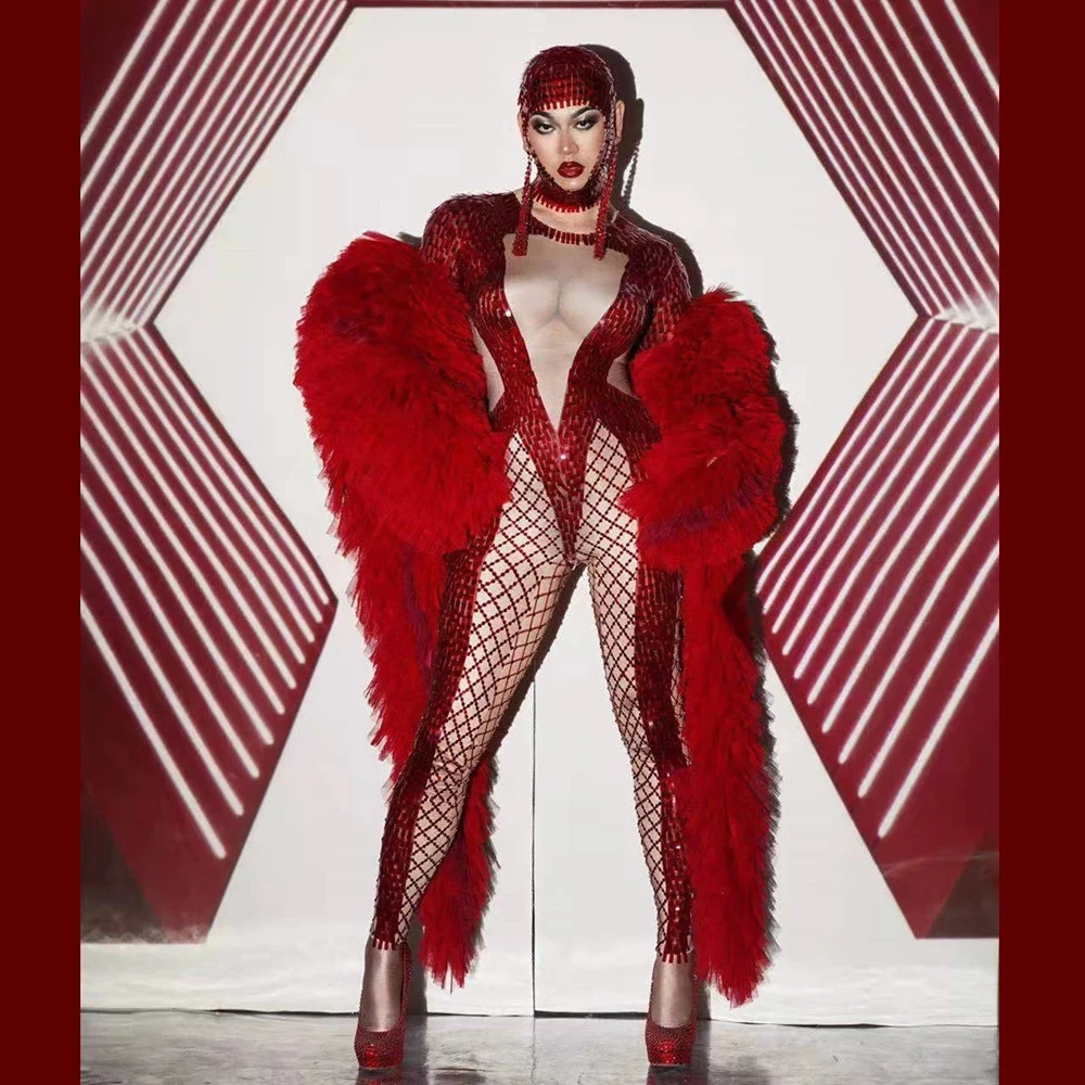 Singer stage rompers Red Bodysuits Shiny Elegant Fur Shawl Club Birthday Party Host Stage Performance costume
Singer stage rompers Red Bodysuits Shiny Elegant Fur Shawl Club Birthday Party Host Stage Performance costume