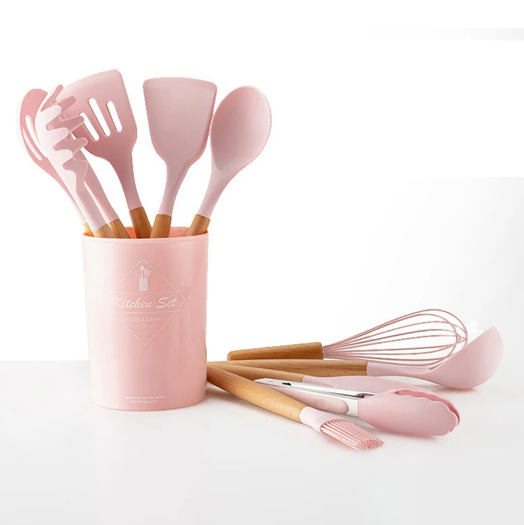 Best Selling Popular Product Cheap Nice Home Living 11 Pcs Silicone Kitchenware Set Pink Solid Wooden Handle Storage Box