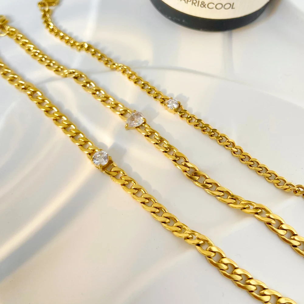 

Gold Plated Thick Cuban Chain joyas de acero inoxidable Geometric Zircon Waterdrop Diamond Charms Bracelet For Women