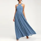 simple sleeveless chiffon women halter dress ruffle solid color long evening party dress