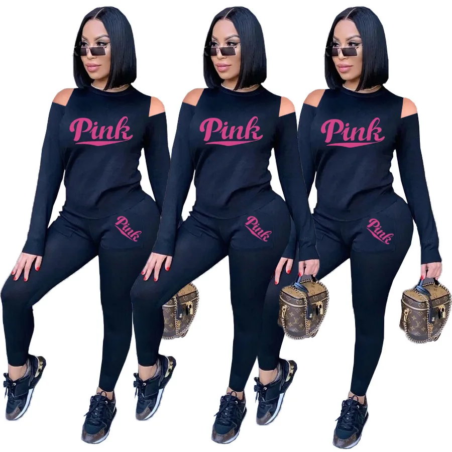 Casual Cotton Long Sleeve Off Shoulder Letter Print T-Shirt Sexy Two Piece Pants Set, As picture 
Casual Cotton Long Sleeve Off Shoulder Letter Print T-Shirt Sexy Two Piece Pants Set, As picture