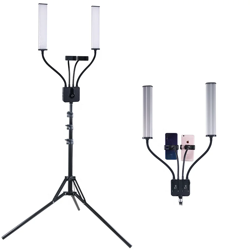 Widely used indoor and outdoor live broadcast 2 arm LED video fill light with 2 mobile phone holders and adjustable tripod, Black/custom
Widely used indoor and outdoor live broadcast 2 arm LED video fill light with 2 mobile phone holders and adjustable tripod, Black/custom