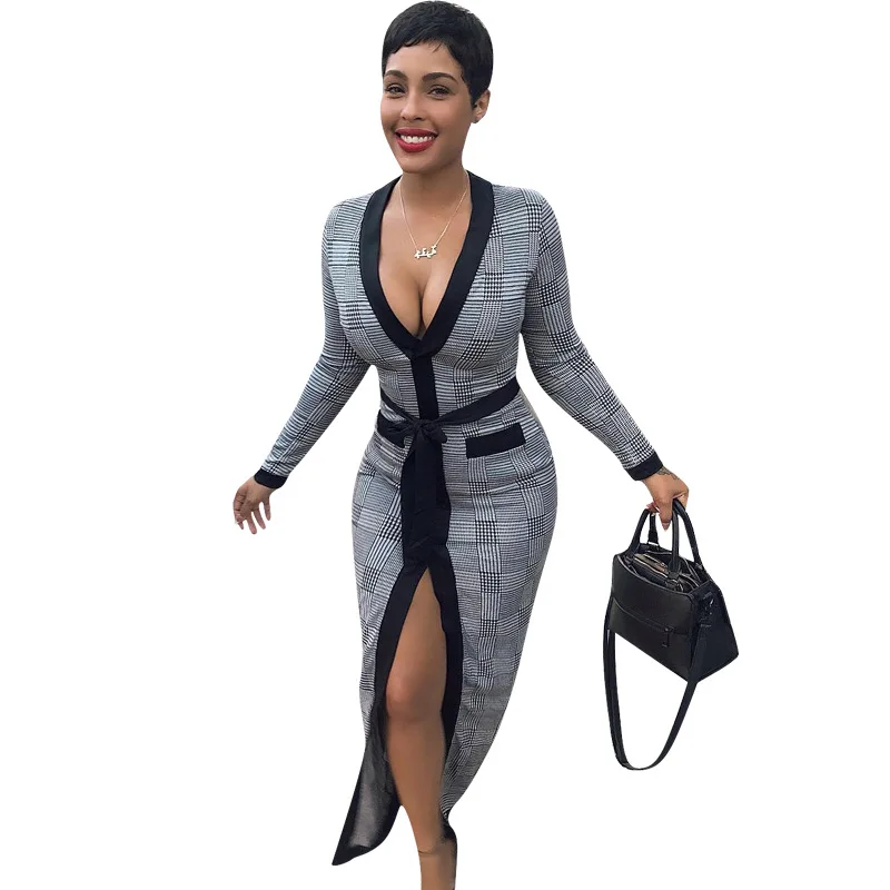 2021 New Design Hot Sale Fashion Checked Printed Deep V-neck Dress Long Sleeve Front Vented Sexy Elegant Maxi Dress
2021 New Design Hot Sale Fashion Checked Printed Deep V-neck Dress Long Sleeve Front Vented Sexy Elegant Maxi Dress