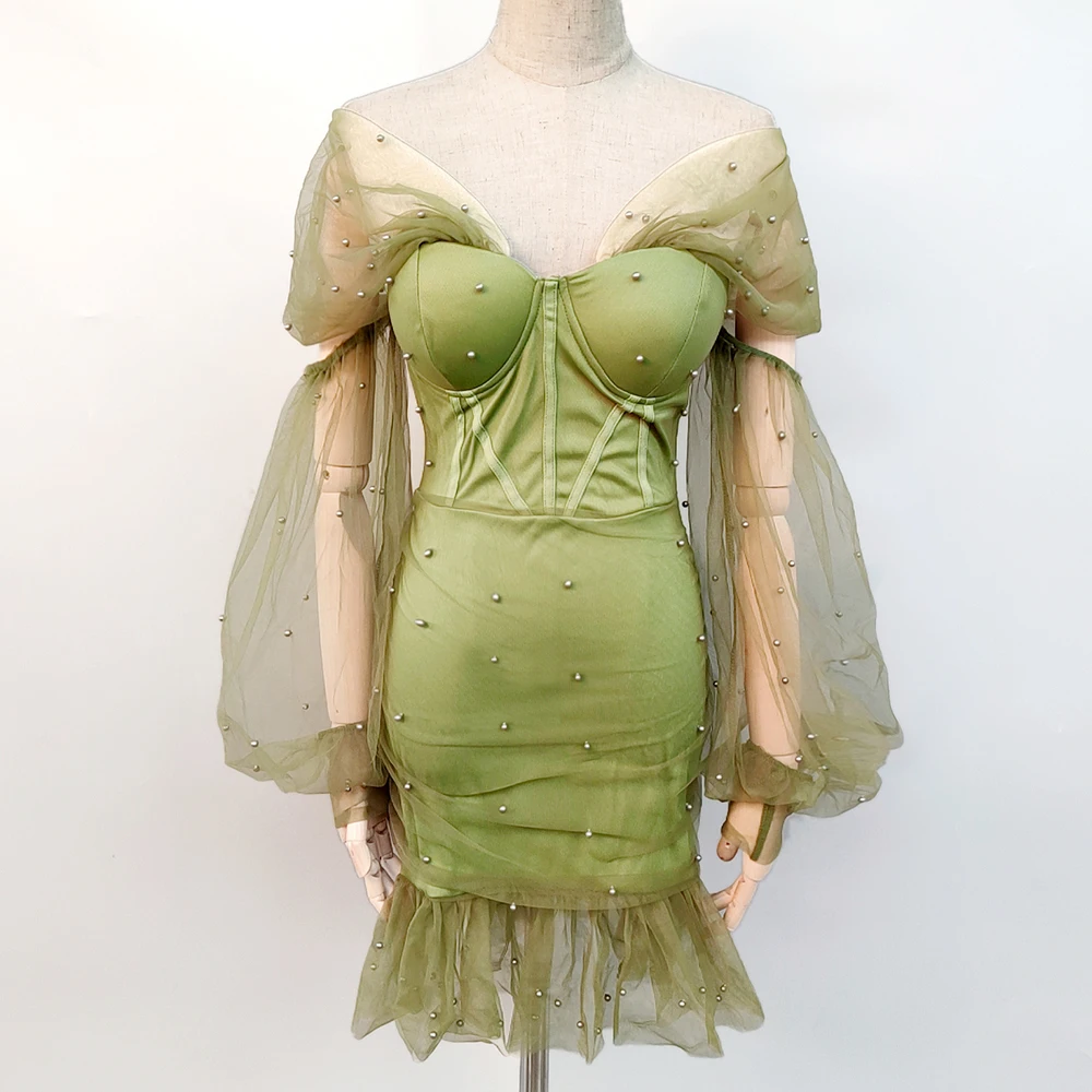 Fashion Sexy Off Shoulder Club Dresses Women Puff Sleeve Beaded Dress See Through Dress For Lady, Picture color 
Fashion Sexy Off Shoulder Club Dresses Women Puff Sleeve Beaded Dress See Through Dress For Lady, Picture color
