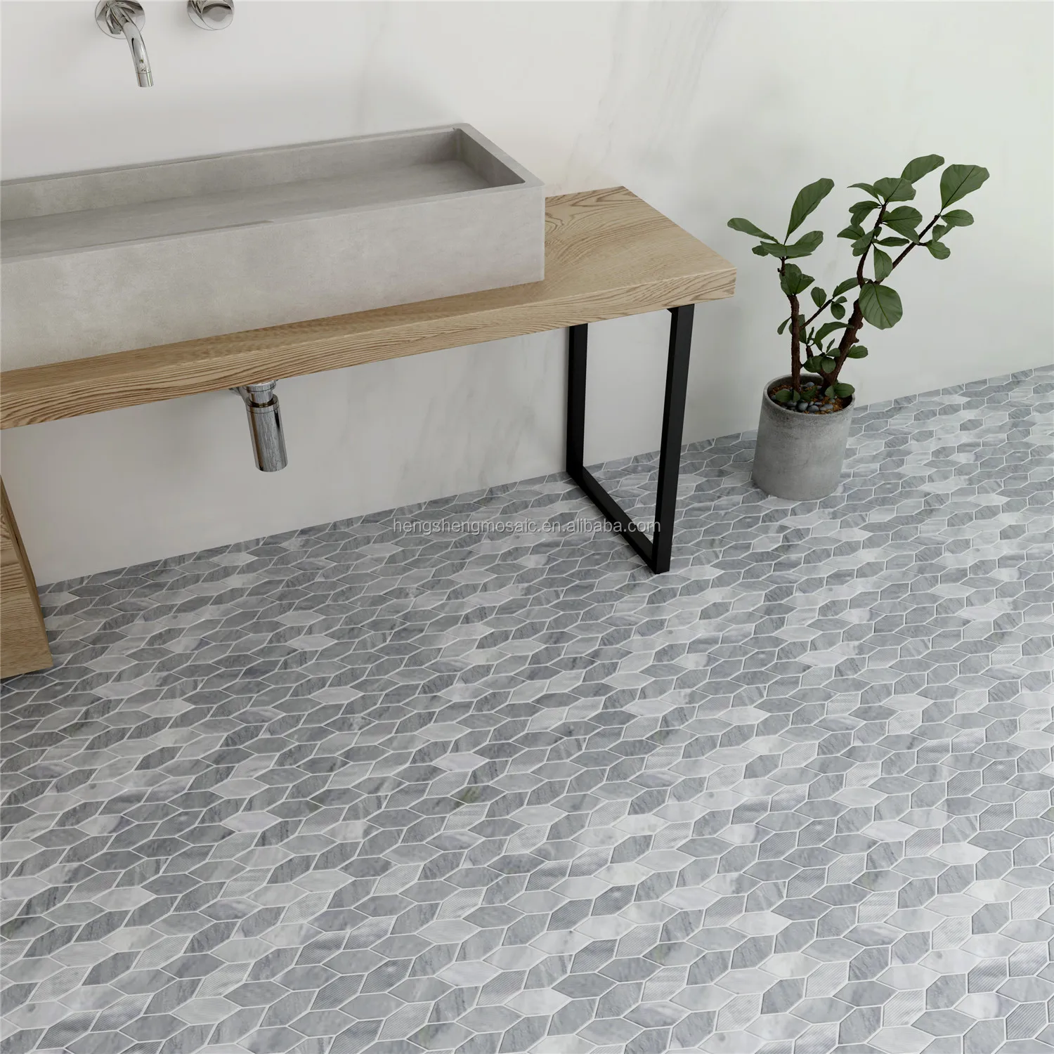 mosaic floor,firstfloor hexagon carrara white strip mixed gray stone marble mosaic floor