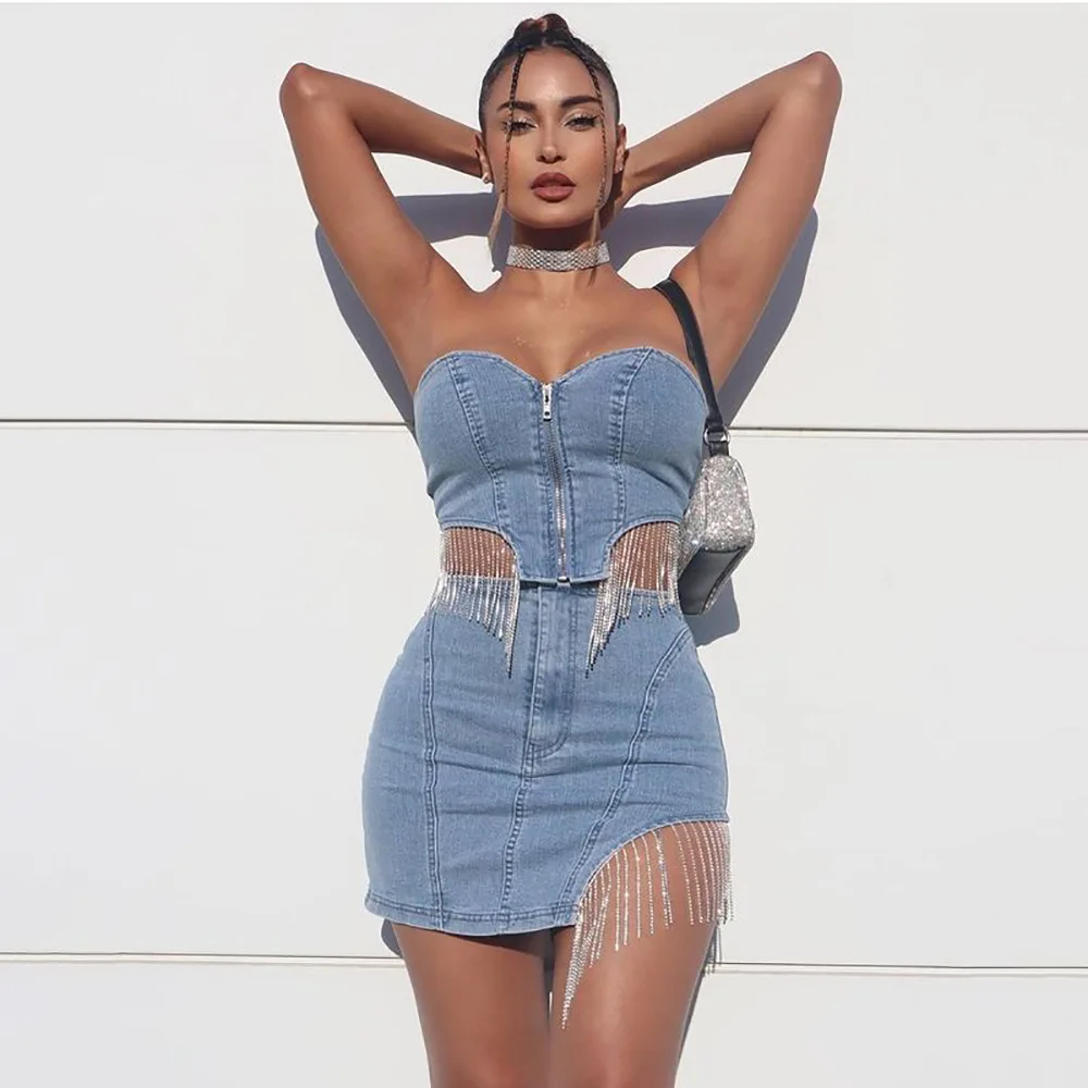 Crop Tops Sexy 2 Piece Skirts Sets Hollowed Out Denim Jean Dresses Girls' Winter Chain Bead Tassel Skirts Dresses Set, Blue denim
Crop Tops Sexy 2 Piece Skirts Sets Hollowed Out Denim Jean Dresses Girls' Winter Chain Bead Tassel Skirts Dresses Set, Blue denim