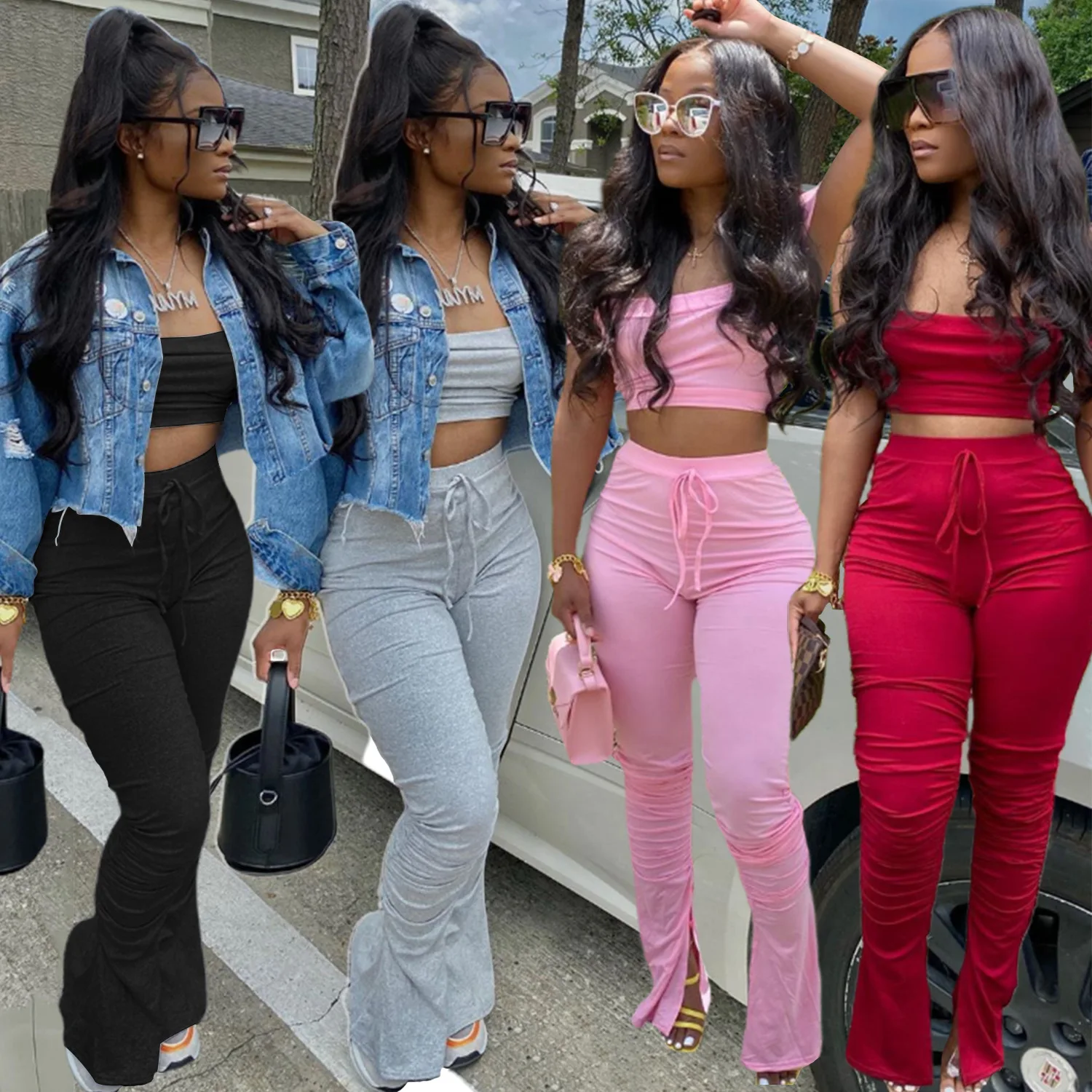 Hot selling bell bottom pants and off shoulder crop tops women clothing two piece set, Picture
Hot selling bell bottom pants and off shoulder crop tops women clothing two piece set, Picture