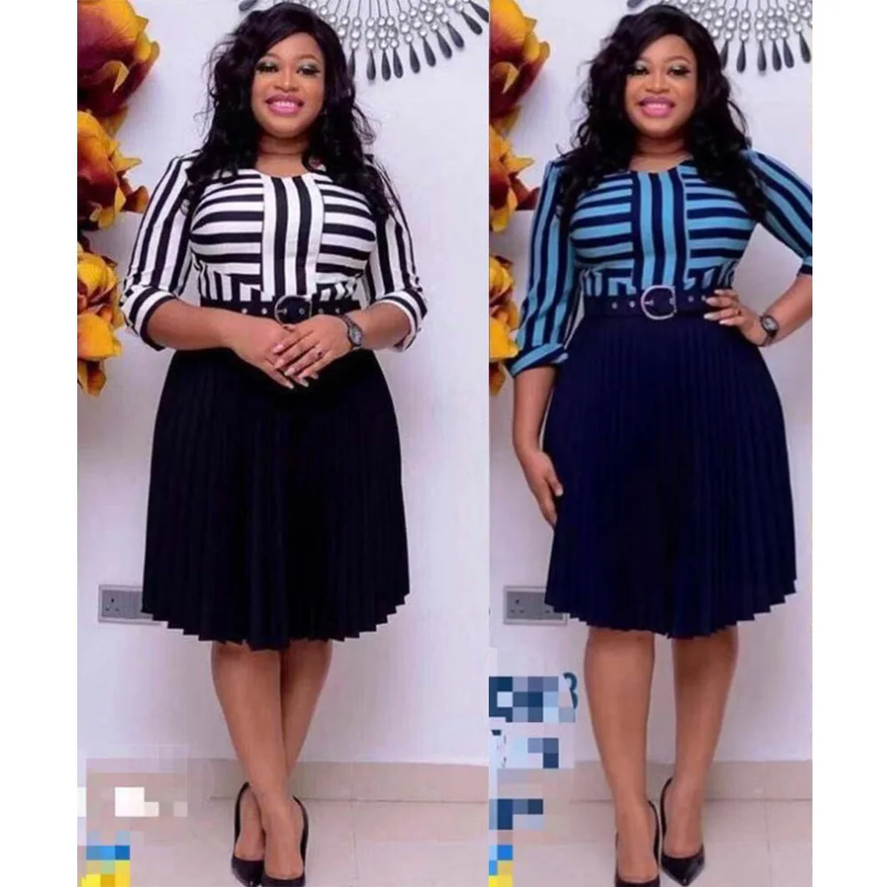 African plus size women's dress stripe digital print round collar a line Pleated dress with belt, Customized color
African plus size women's dress stripe digital print round collar a line Pleated dress with belt, Customized color