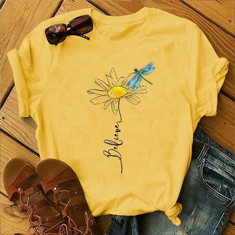Woman Cotton O-neck Tshirt Creative Sunflower Dragonfly Print T Shirt Female Casual Cartoon Graphic Printed Tops Tees
Woman Cotton O-neck Tshirt Creative Sunflower Dragonfly Print T Shirt Female Casual Cartoon Graphic Printed Tops Tees