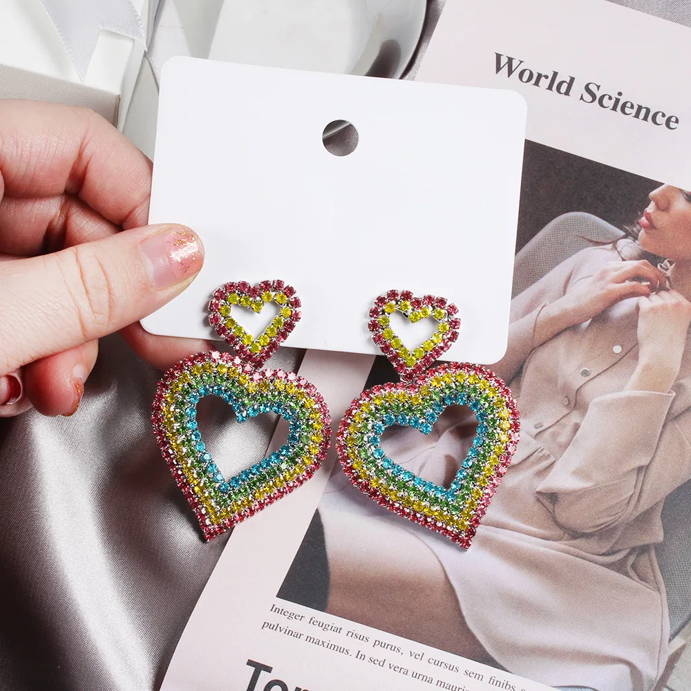 Fashion Colorful Rhinestone Hollow Heart Dangle Earrings Exaggerated Double Heart Drop Earrings (SK1055), As picture
Fashion Colorful Rhinestone Hollow Heart Dangle Earrings Exaggerated Double Heart Drop Earrings (SK1055), As picture