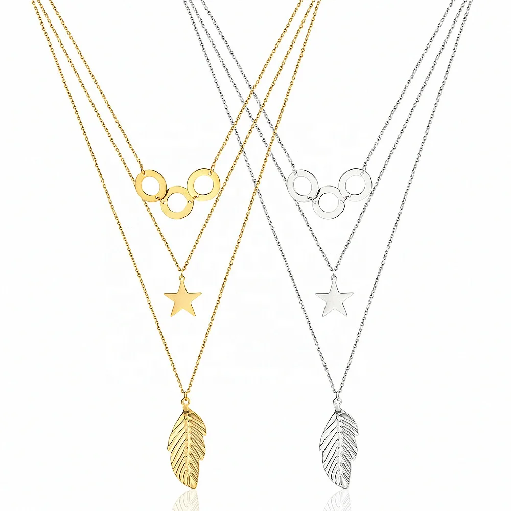 Circle leaves star pendant necklace contracted stainless steel multilayer necklace, Gold/silver
Circle leaves star pendant necklace contracted stainless steel multilayer necklace, Gold/silver