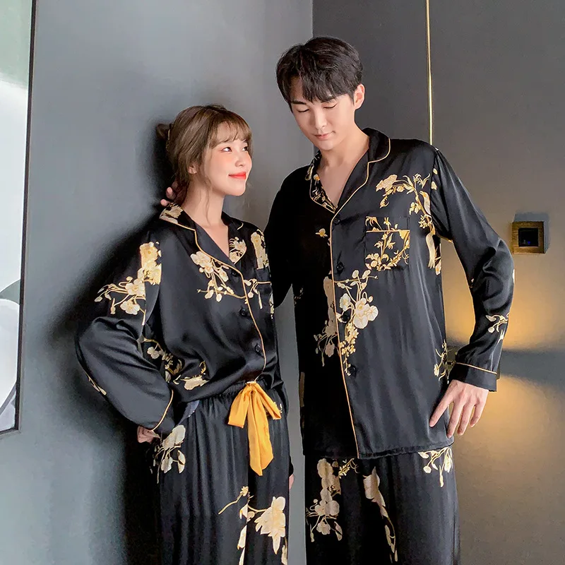 JULY'S SONG Faux Silk Women Pajamas Set Black Golden Flower Print Sleepwear Long Sleeve Couple Home Clothes Spring Night Wear, As shown in the picture
JULY'S SONG Faux Silk Women Pajamas Set Black Golden Flower Print Sleepwear Long Sleeve Couple Home Clothes Spring Night Wear, As shown in the picture