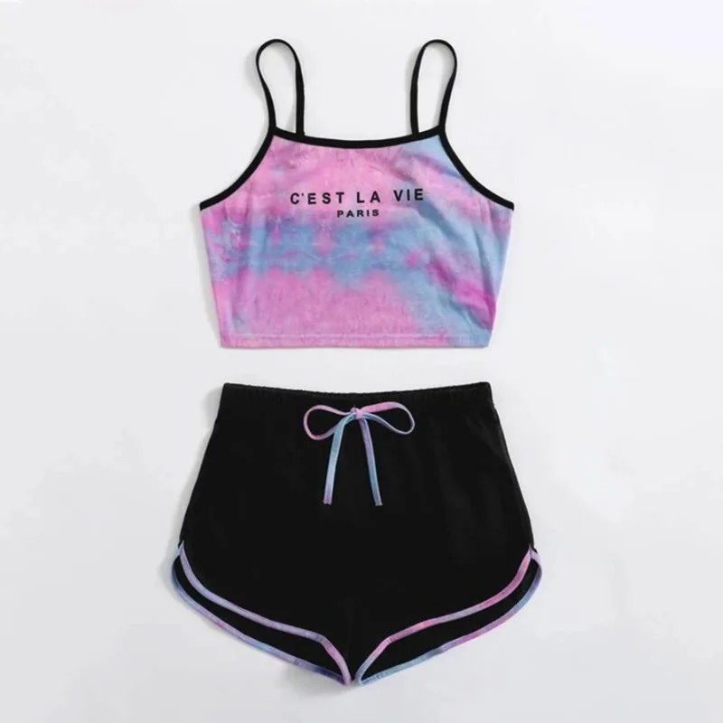 2021 spring new European and American tie-dye letter printing sling set ladies short set, Optional
2021 spring new European and American tie-dye letter printing sling set ladies short set, Optional