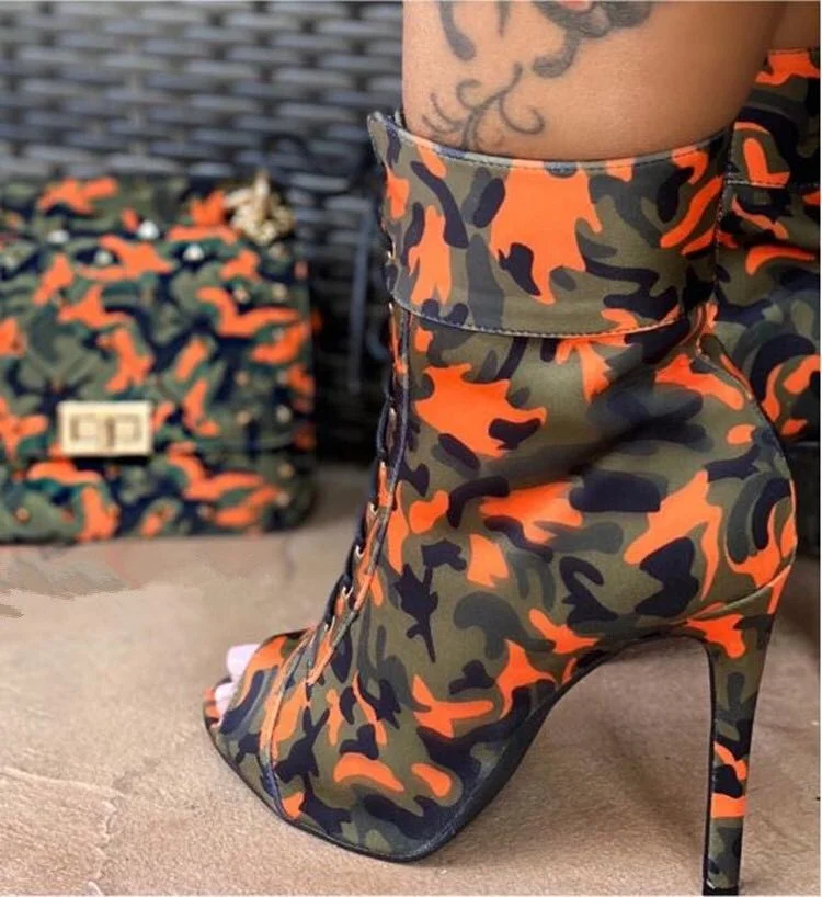 Open Peep Toe Stiletto Heel Camouflage Women's Ankle Boots Lace Up Fashion Big Size 43 High Heel Short Boots with Camouflage Bag
Open Peep Toe Stiletto Heel Camouflage Women's Ankle Boots Lace Up Fashion Big Size 43 High Heel Short Boots with Camouflage Bag