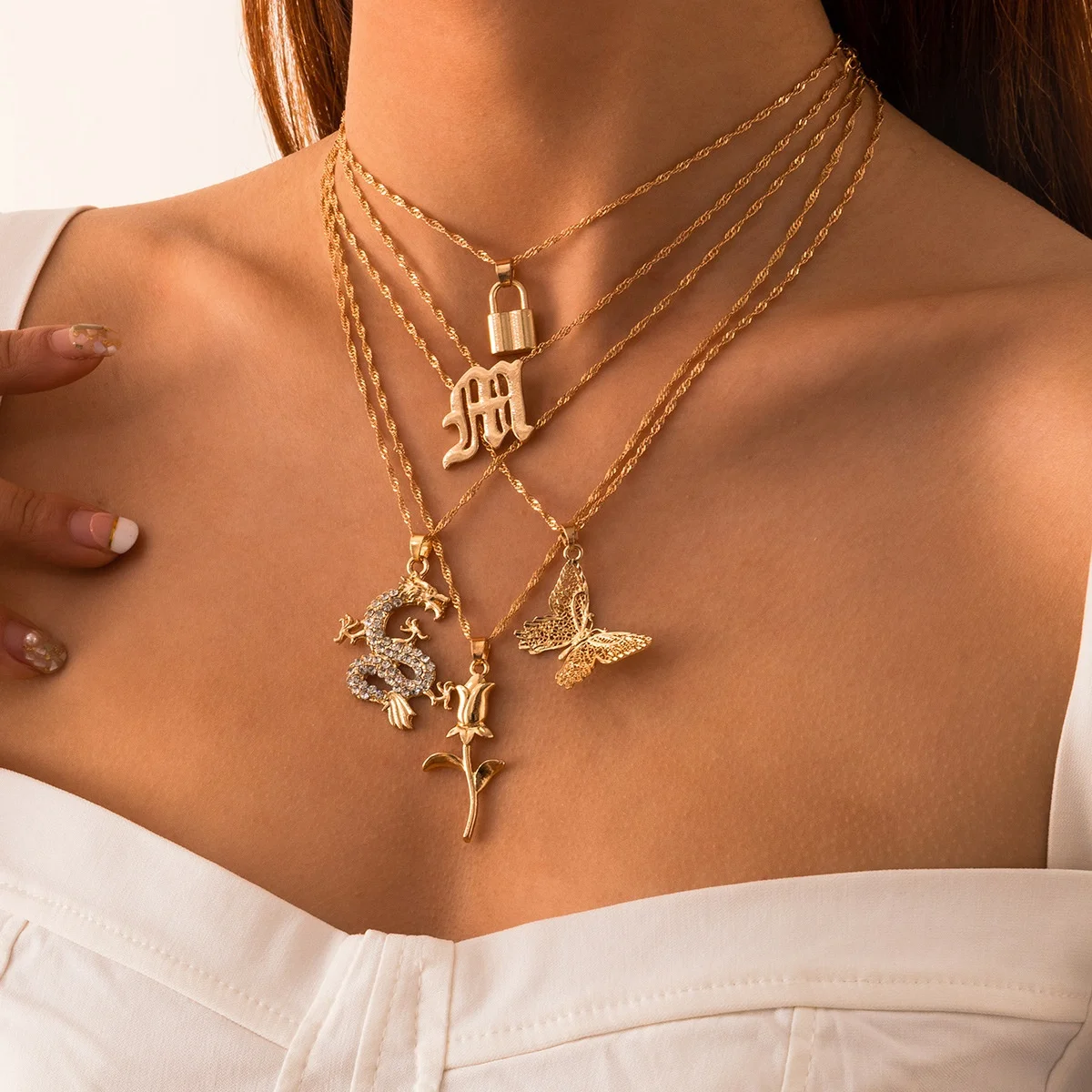 Vintage Multi Layer Lock Butterfly Pendant Necklace Punk Crystal Dragon Flower Letter Thin Chain Necklace for Women Neck Jewelry, Picture shows
Vintage Multi Layer Lock Butterfly Pendant Necklace Punk Crystal Dragon Flower Letter Thin Chain Necklace for Women Neck Jewelry, Picture shows