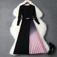 

B51410A Ladies elegant round collar mid-long knitting ombre pleated dress