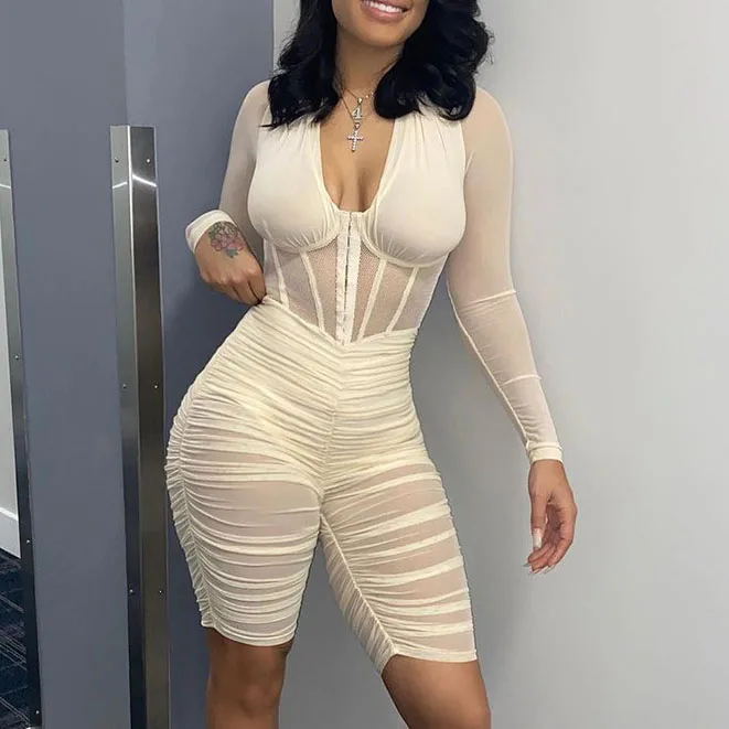 FS3224D New Fashion Clothing Lady Mesh Slim Shorts Jumpsuit Pleated V Neck Long Sleeve Jumpsuits
FS3224D New Fashion Clothing Lady Mesh Slim Shorts Jumpsuit Pleated V Neck Long Sleeve Jumpsuits