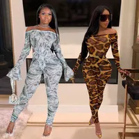 

US Dollar Print Sexy Rompers Womens Jumpsuit Slash Neck Flare Sleeve Bodycon Bodysuit Casual Off The Shoulder Backless Playsuit