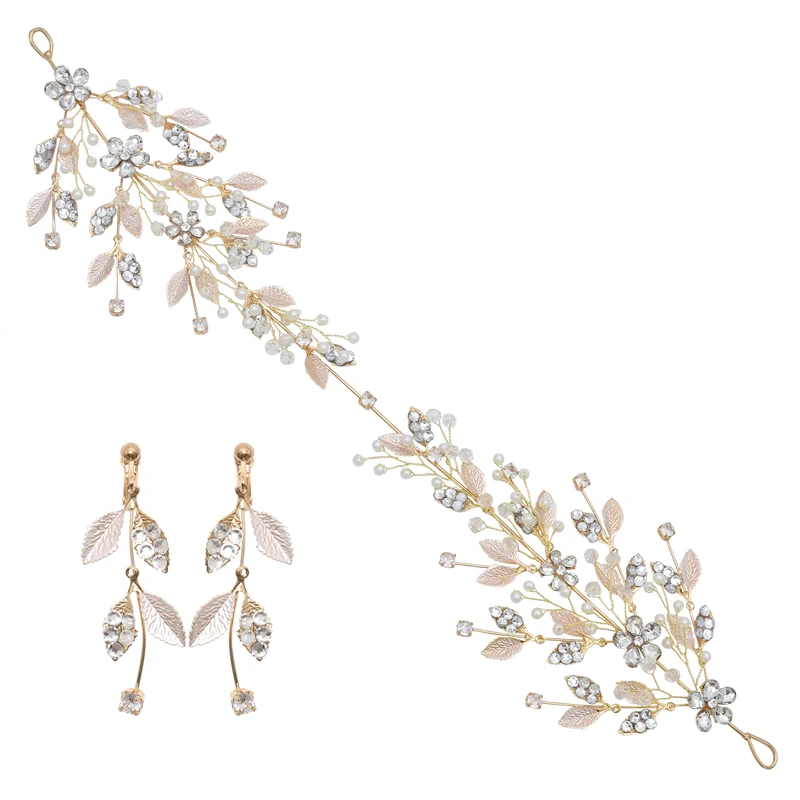 Bride Wedding Hot Crystal Leaf Hair Band Earrings Set Hand-knitted Bridal Tiara Wedding Dress Accessories Jewelry Set, Gold
Bride Wedding Hot Crystal Leaf Hair Band Earrings Set Hand-knitted Bridal Tiara Wedding Dress Accessories Jewelry Set, Gold