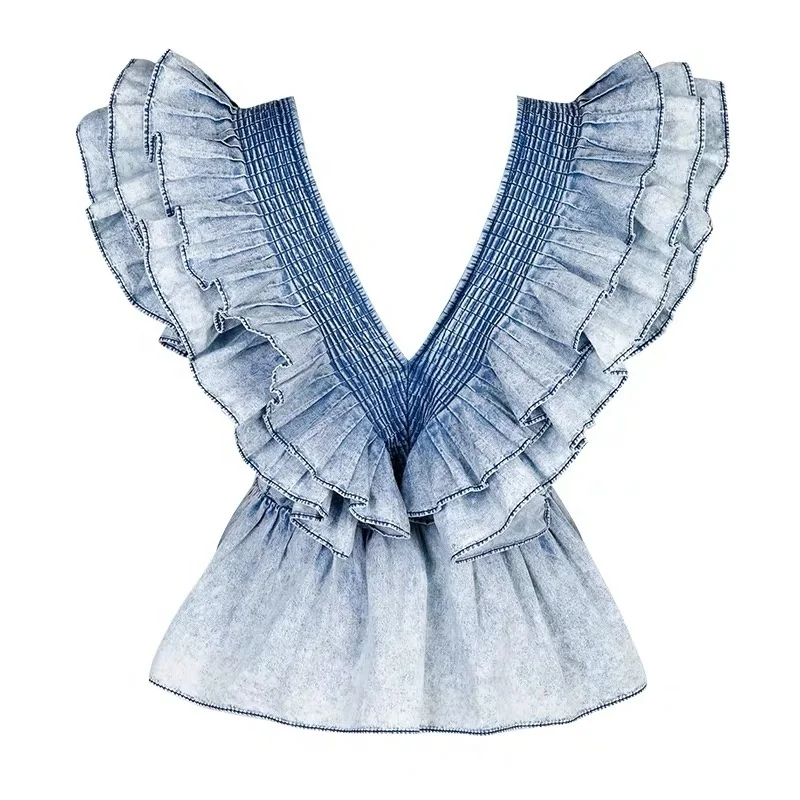 Instock Fashion New Arrival Style V-neck Sleeveless Ruffled Denim Shirts For Women Short Shirt Denim Top, Blue
Instock Fashion New Arrival Style V-neck Sleeveless Ruffled Denim Shirts For Women Short Shirt Denim Top, Blue