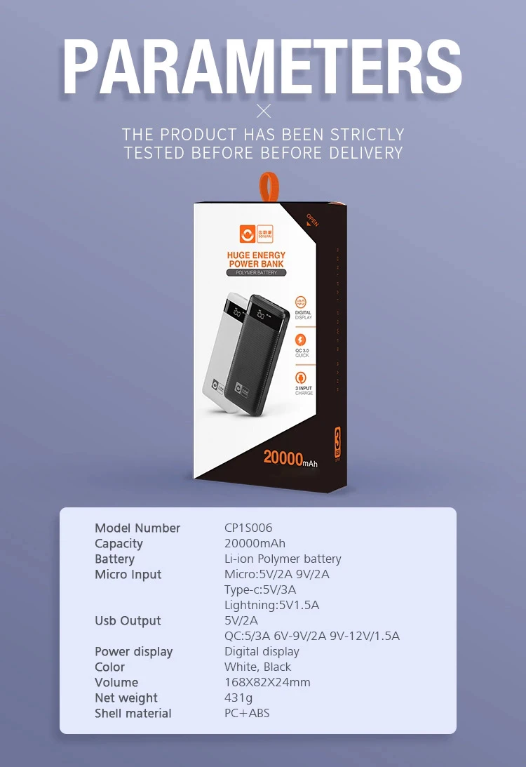 SOSLPAI best quality 3 output personalize customised fast charging 20000 mah square powerbank - ANKUX.COM