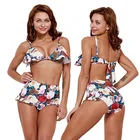 High waisted bikini bottoms with frill womens swimsuit bottoms skirt backless flower swimsuit roses