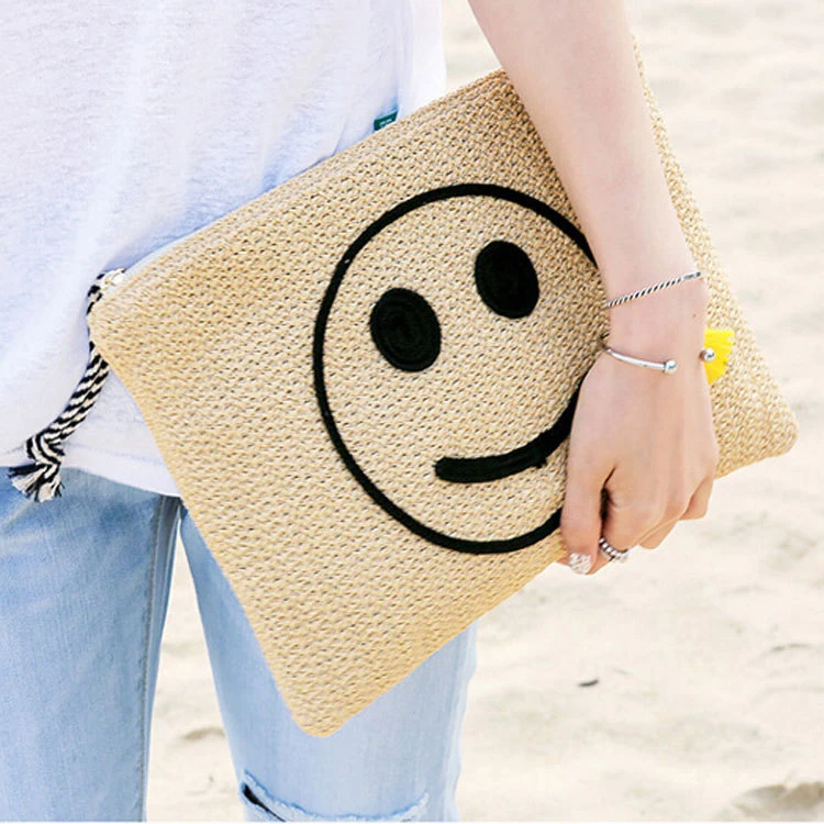 

CTB048 Summer new cute smiling face beach bags large capacity premium tassels straw clutch bag