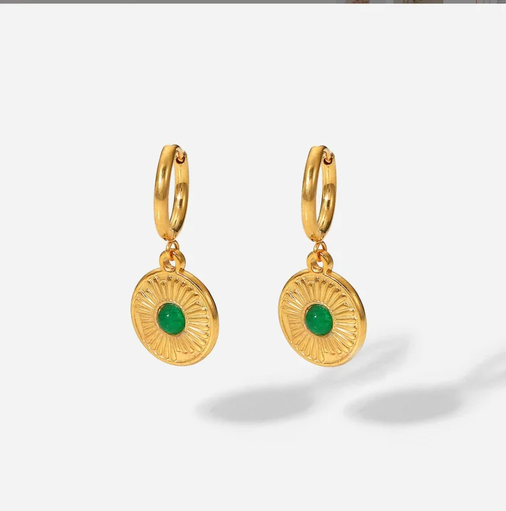 Vintage Style 18K Gold Plated Jewelry Green Jade Stone Round Coin Pendant Stainless Steel Hoop Earring For Women Wedding
Vintage Style 18K Gold Plated Jewelry Green Jade Stone Round Coin Pendant Stainless Steel Hoop Earring For Women Wedding