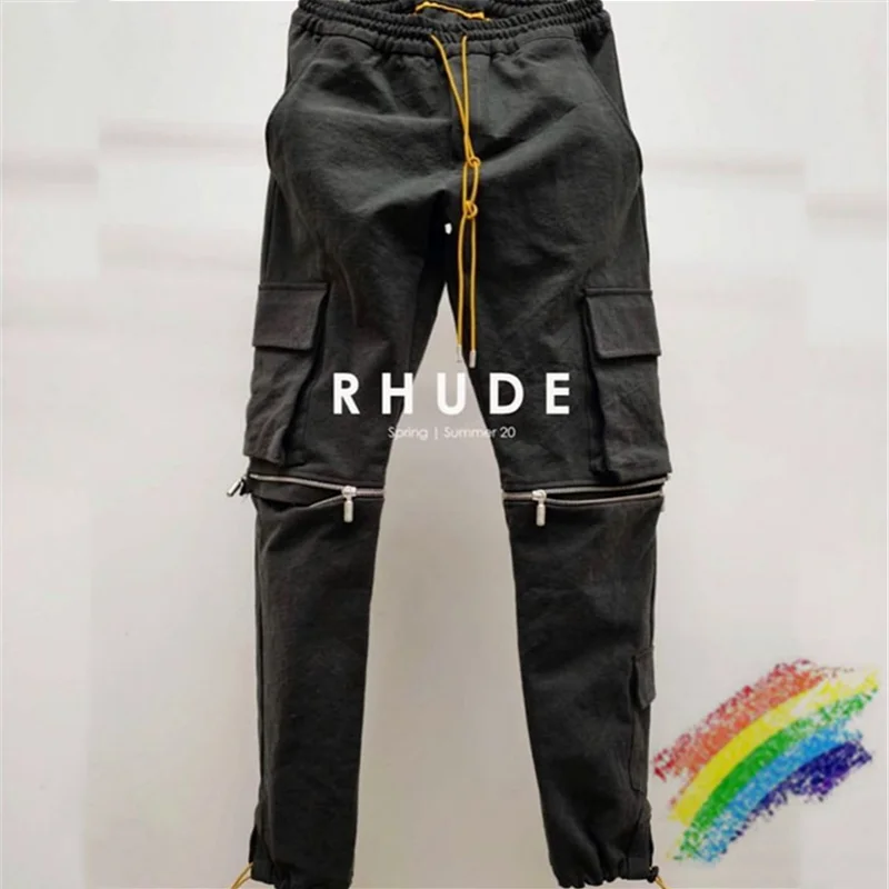 

Black RHUDE Pants Men Women 1:1 Best Quality Removable Pill zipper Drawstring Cargo Multifunctional Flap pockets Overalls