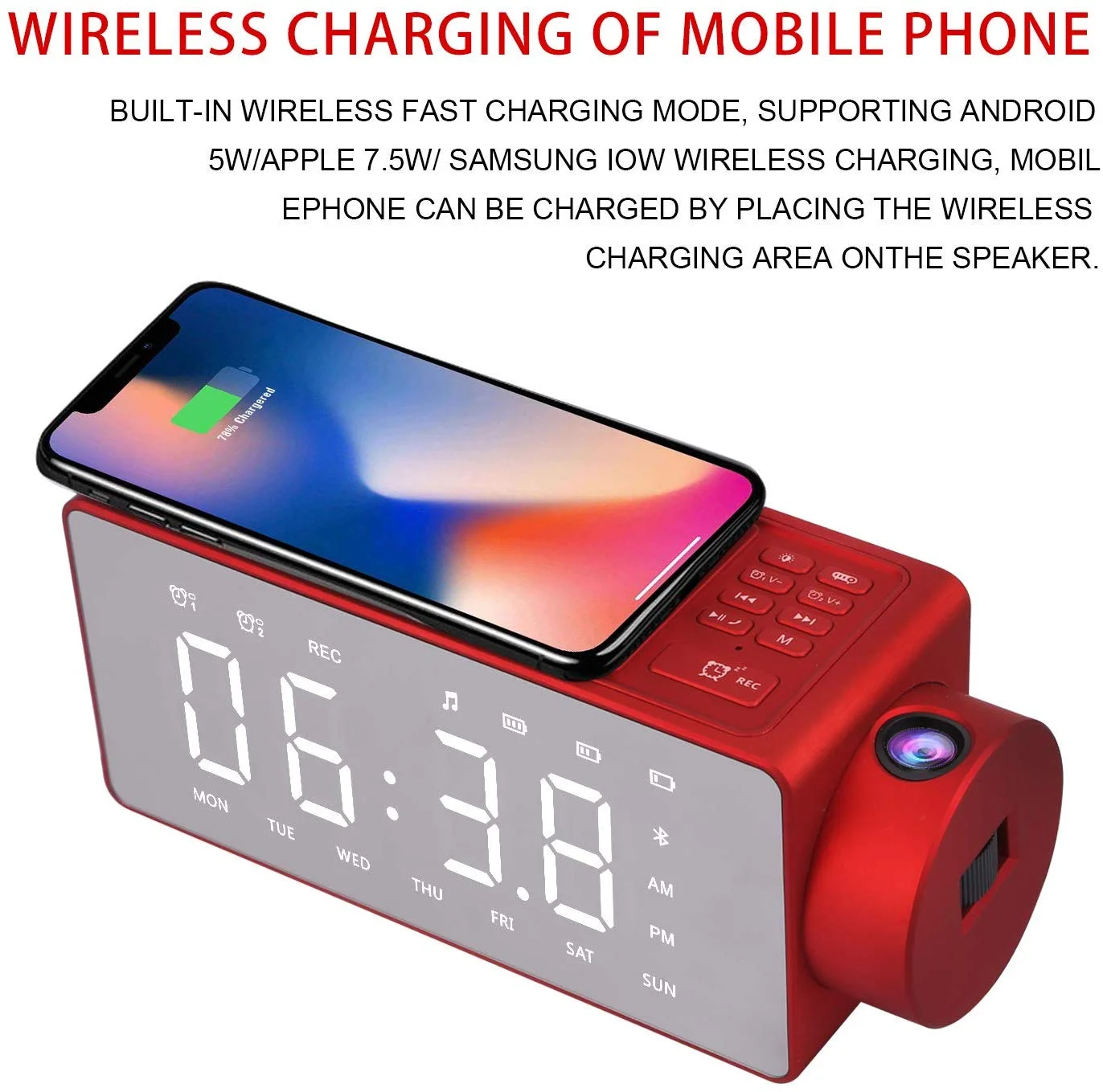 S91S Projection Alarm Clock Bluetooth Speaker with Wireless Charging FM Radio AUX TF Card Input - ANKUX.COM