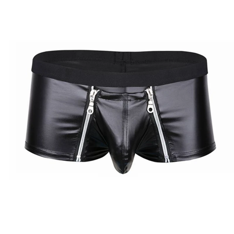 

Men's Sexy Wetlook Faux Leather Shorts Panties Gay Underwear Double Zipper Open Pouch Trunks Boxer Briefs Male Night Clubwear