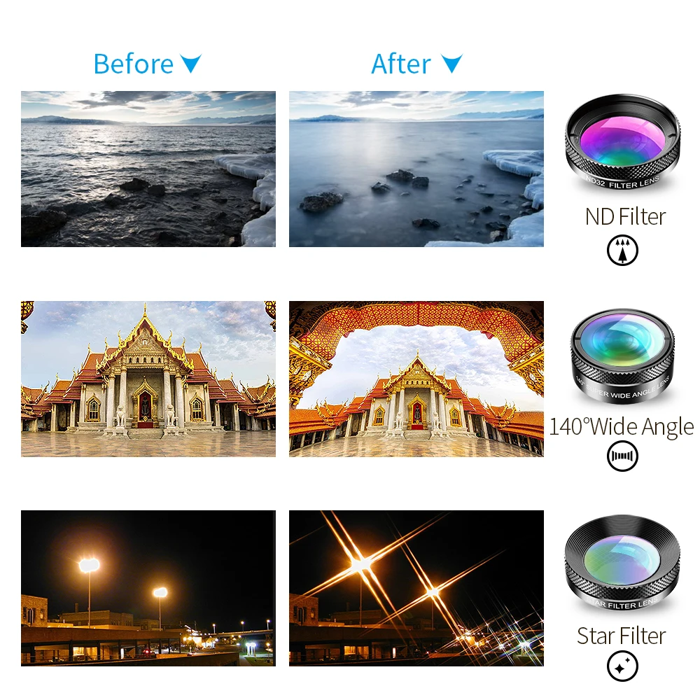 Apexel 6 in 1 Fish Eye-Macro-Wide Angle-Zoom-Filter Smartphone Telephoto Lenses