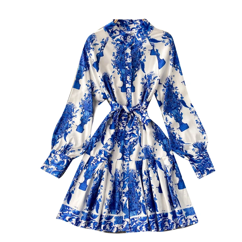 2021 New Spring Vintage Court Style Blue and White Printed Dresses Women's Elegant Stand Collar Long Sleeve Slim Short Dress
2021 New Spring Vintage Court Style Blue and White Printed Dresses Women's Elegant Stand Collar Long Sleeve Slim Short Dress