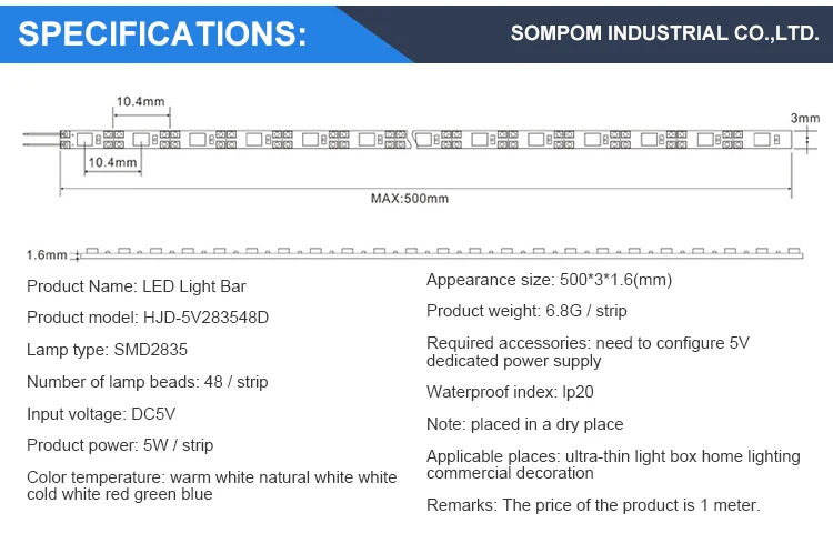 SOMPOM RGB 5V smd2835 3MM 48leds/m hard led strip Light ip20