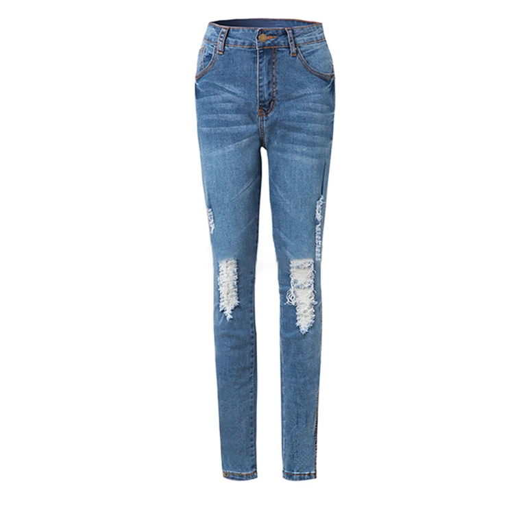 women super stretch straight denim trousers with holes high waist ripped skinny jeans for women, Light blue
women super stretch straight denim trousers with holes high waist ripped skinny jeans for women, Light blue