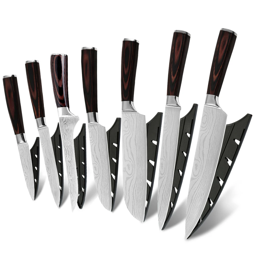 Professional 440 7Cr17 Chef High carbon stainless steel Kitchen knife set Damascus pattern 7pcs knife roll set with wood handle
Professional 440 7Cr17 Chef High carbon stainless steel Kitchen knife set Damascus pattern 7pcs knife roll set with wood handle