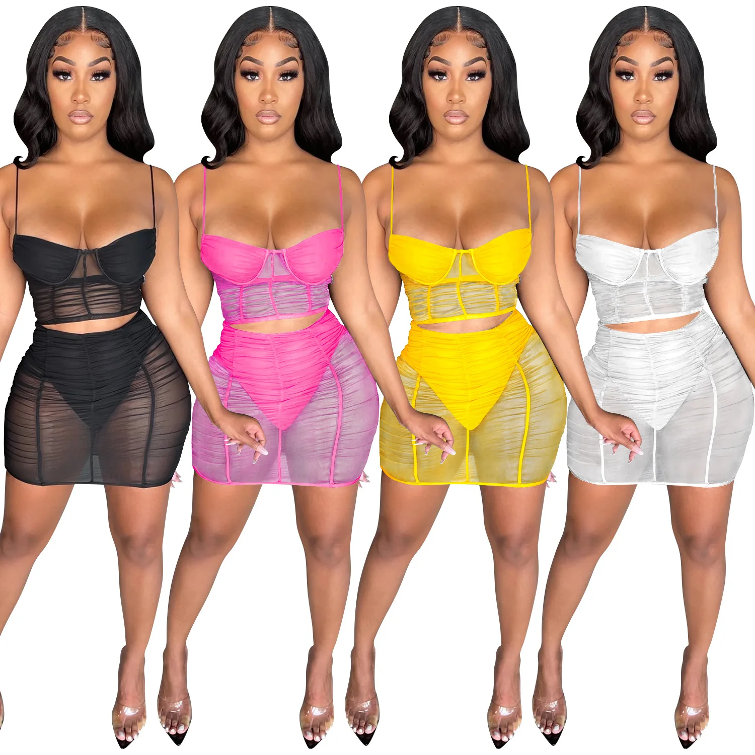 New Trendy Mesh Two Piece Set Sexy Spaghetti Strap Vest 2 Piece Mini Skirt Set Bodycon Club Wear Outfits
New Trendy Mesh Two Piece Set Sexy Spaghetti Strap Vest 2 Piece Mini Skirt Set Bodycon Club Wear Outfits
