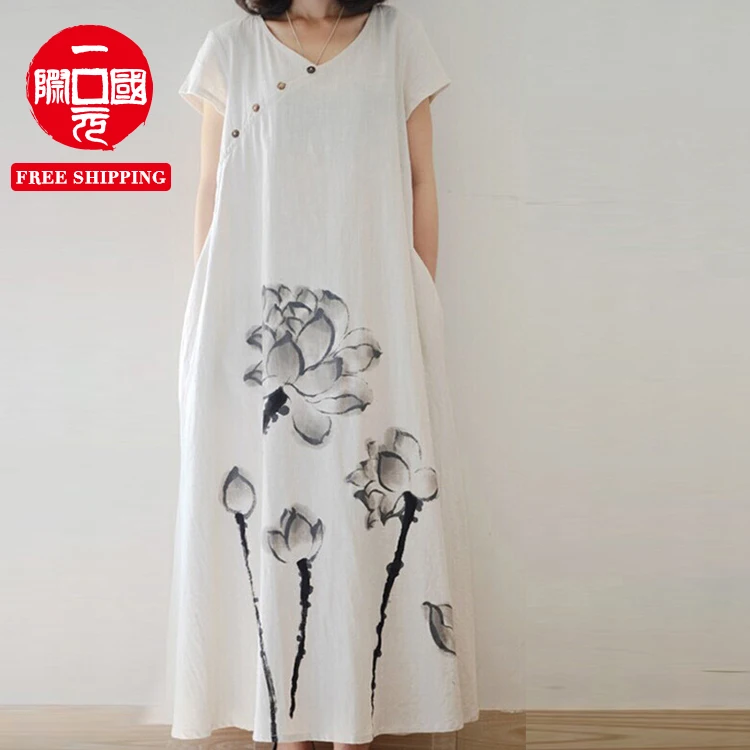 Literary women's clothing Chinese style ink printing short-sleeved long skirt loose large size cotton and linen dress
Literary women's clothing Chinese style ink printing short-sleeved long skirt loose large size cotton and linen dress