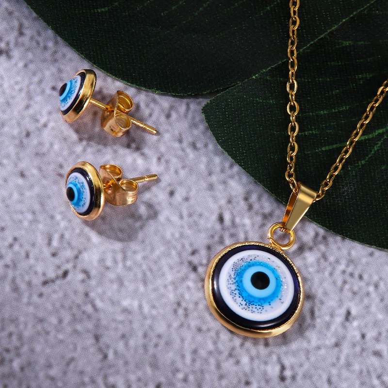 HOVANCI 18K Gold Plated Stainless Steel Jewelry Set Blue Evil Eyes Stud Earrings Necklace Set For Women
HOVANCI 18K Gold Plated Stainless Steel Jewelry Set Blue Evil Eyes Stud Earrings Necklace Set For Women