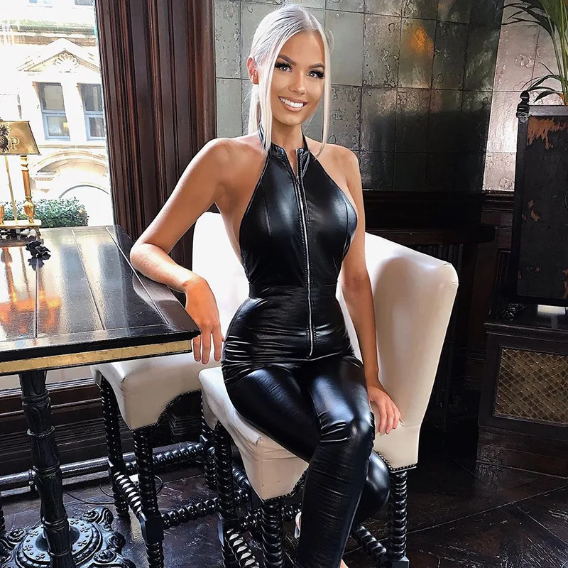 Sexy Solid Color Backless Halter Neck Jumpsuits Women Sleeveless Black Leather Jumpsuit -PT
Sexy Solid Color Backless Halter Neck Jumpsuits Women Sleeveless Black Leather Jumpsuit -PT