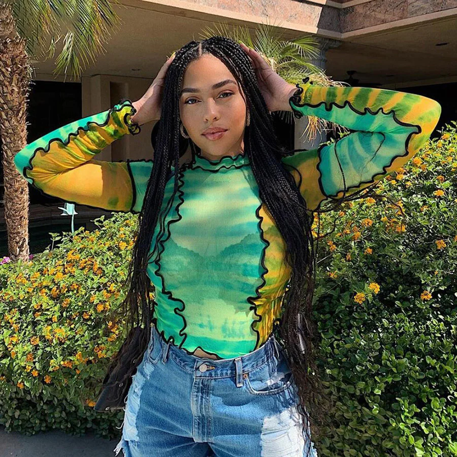 2020 Autumn New Breathable Women Print T-Shirt Mesh Material Ruffles Turtleneck Full Sleeve Crop Top Female Sexy Slim Fit Tops, Green,yellow
2020 Autumn New Breathable Women Print T-Shirt Mesh Material Ruffles Turtleneck Full Sleeve Crop Top Female Sexy Slim Fit Tops, Green,yellow