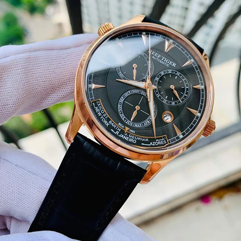 Reef Tiger Automatic Wristwatches Men Watch With World Time Black Dial Black Bracelet Rose Gold Watch Case RGA1951
Reef Tiger Automatic Wristwatches Men Watch With World Time Black Dial Black Bracelet Rose Gold Watch Case RGA1951