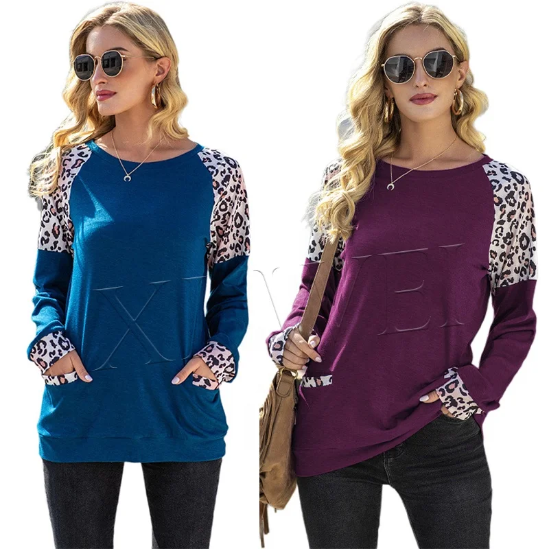 Wholesale new women's pocket T-shirt fashion leopard print patchwork casual knit long sleeve T-shirt for women
Wholesale new women's pocket T-shirt fashion leopard print patchwork casual knit long sleeve T-shirt for women