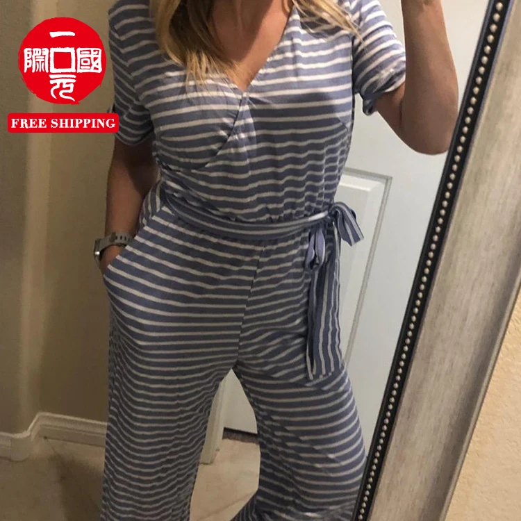 European and American women's fashion striped V-neck short-sleeved lace-up slim casual women's jumpsuit
European and American women's fashion striped V-neck short-sleeved lace-up slim casual women's jumpsuit