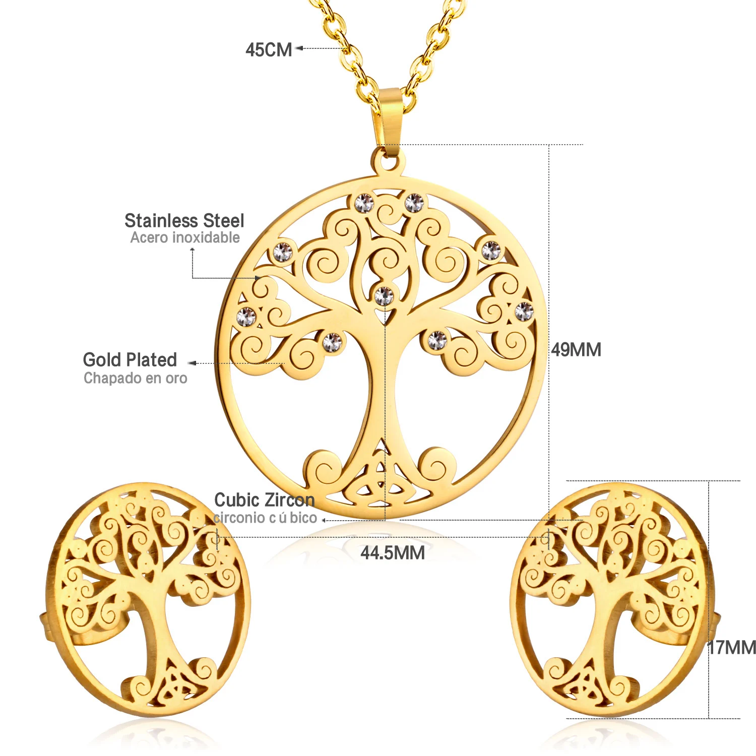 Fashion Style Stainless Steel Jewelry Women 18K Gold Necklace Earrings Tree Jewelry Sets, Gold/silver available
Fashion Style Stainless Steel Jewelry Women 18K Gold Necklace Earrings Tree Jewelry Sets, Gold/silver available